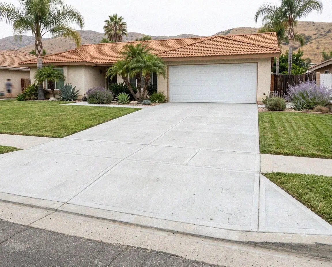 Newly poured concrete driveway at a small-lot home in El Monte