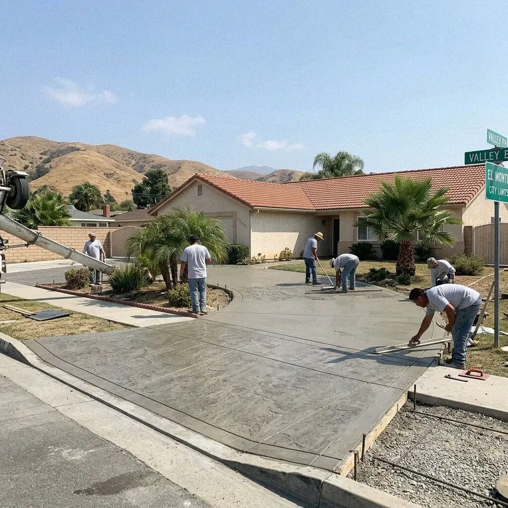Concrete crew forming a new driveway on an El Monte street