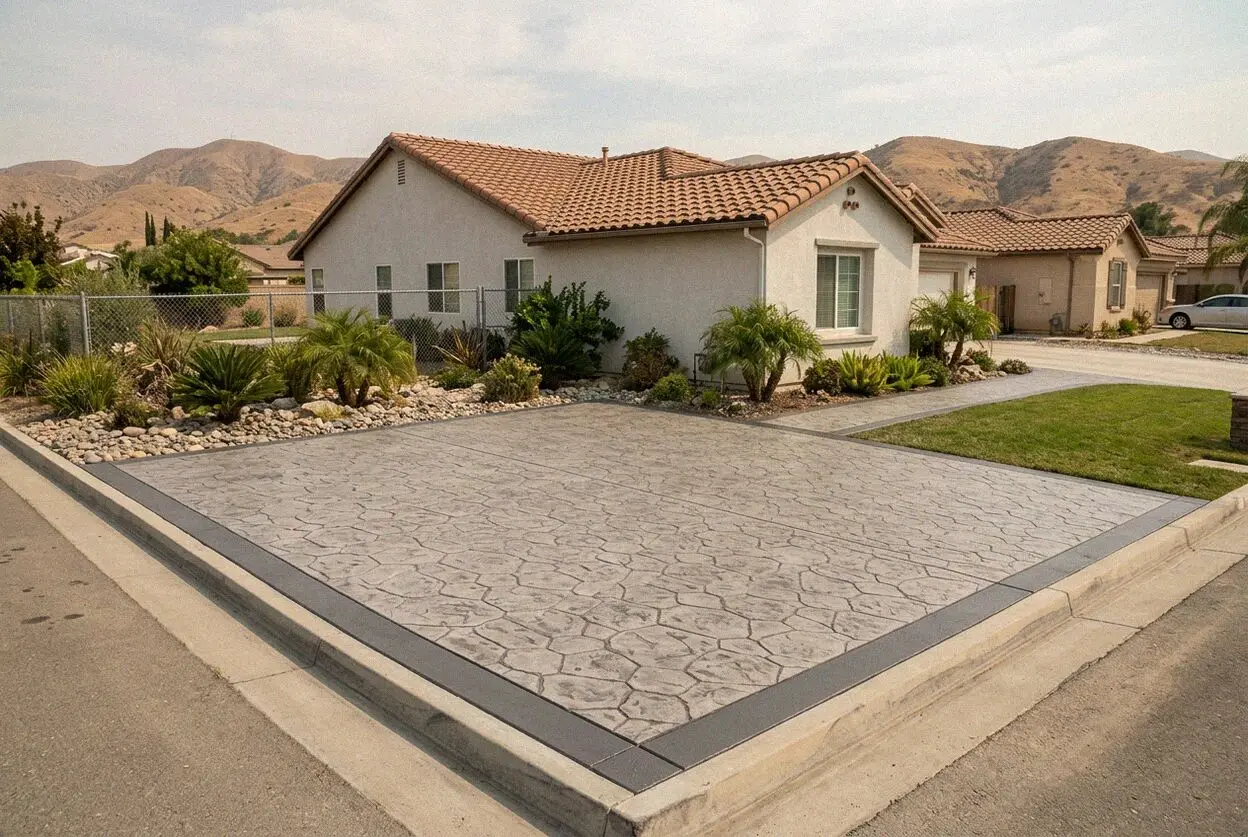 Stamped concrete patio behind a home off Durfee Avenue in El Monte