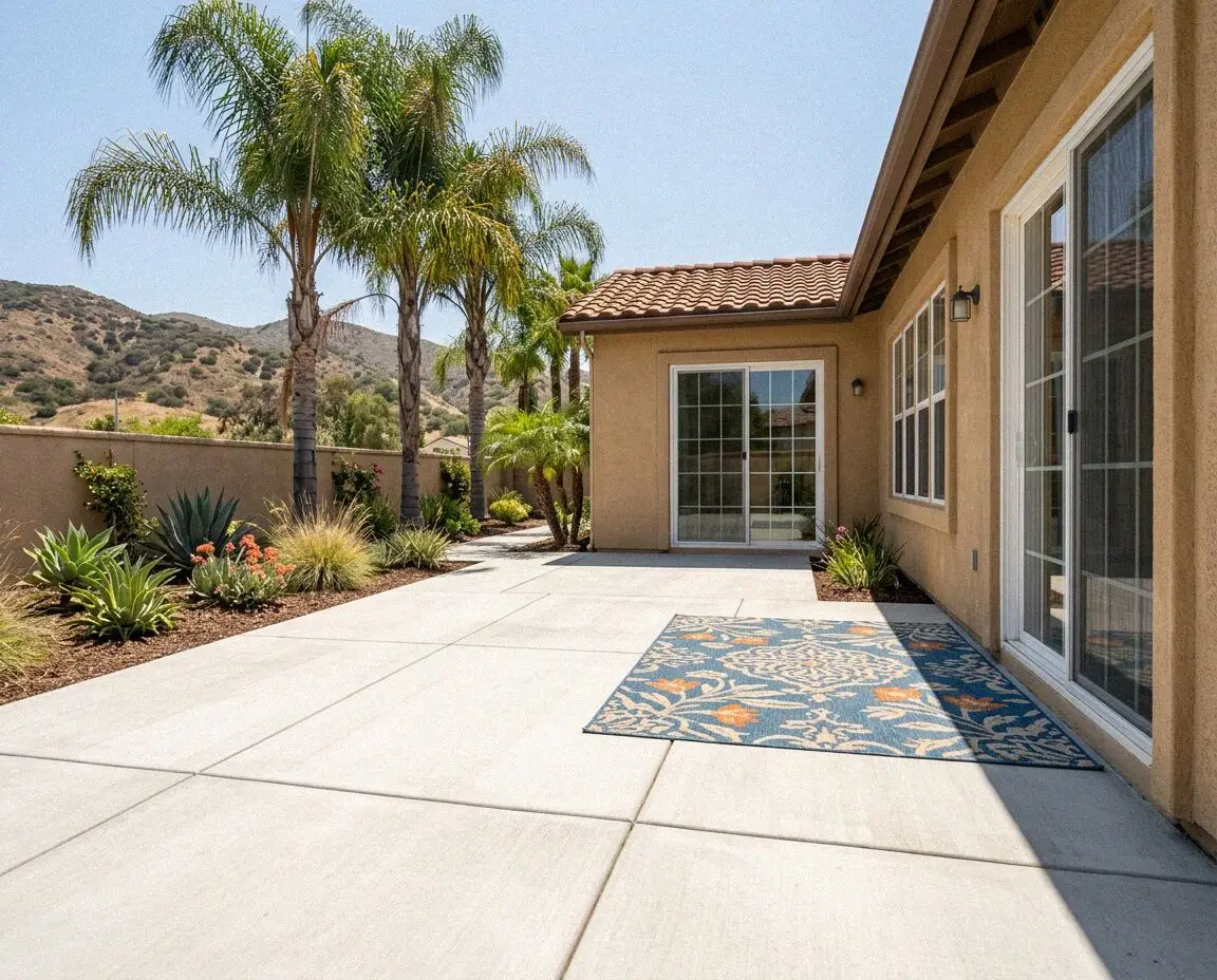 A poured concrete patio behind a home in El Monte, California