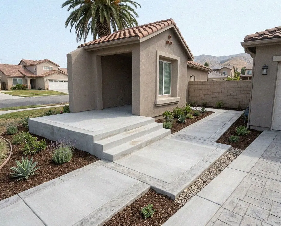 Newly poured concrete entry steps of three risers at an El Monte house