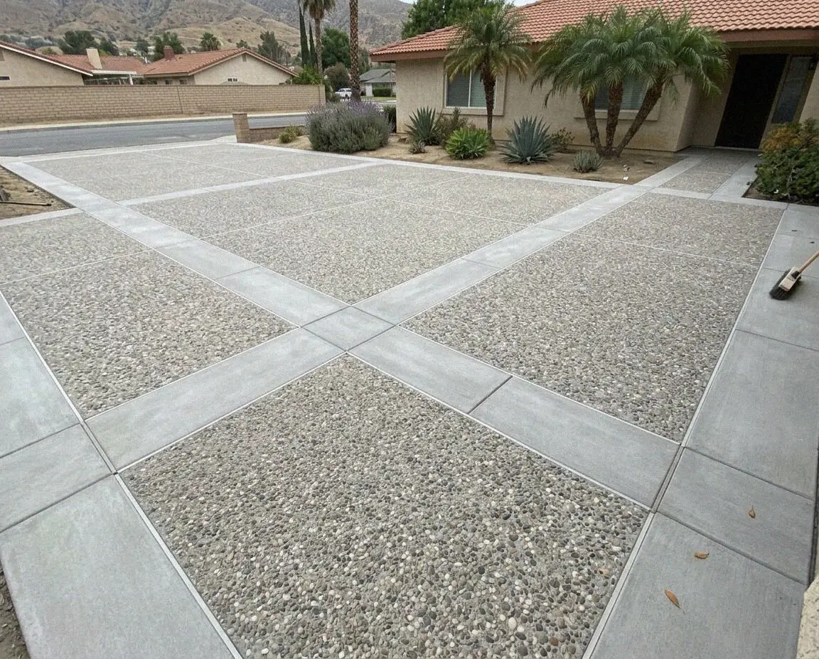 Exposed aggregate front court with a banded border at an El Monte home