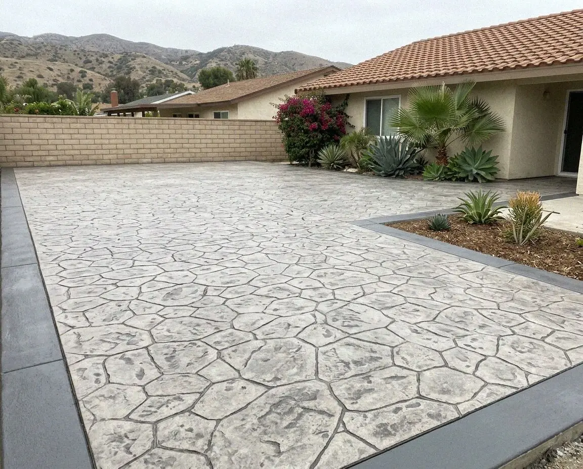 Finished random flagstone stamped patio behind an El Monte home